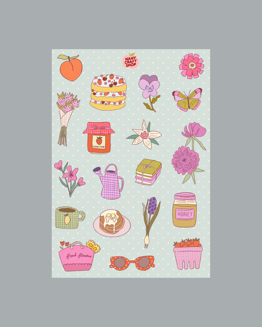 A5 picnic sticker sheet with pink flowers, cake, honey jar, and picnic items