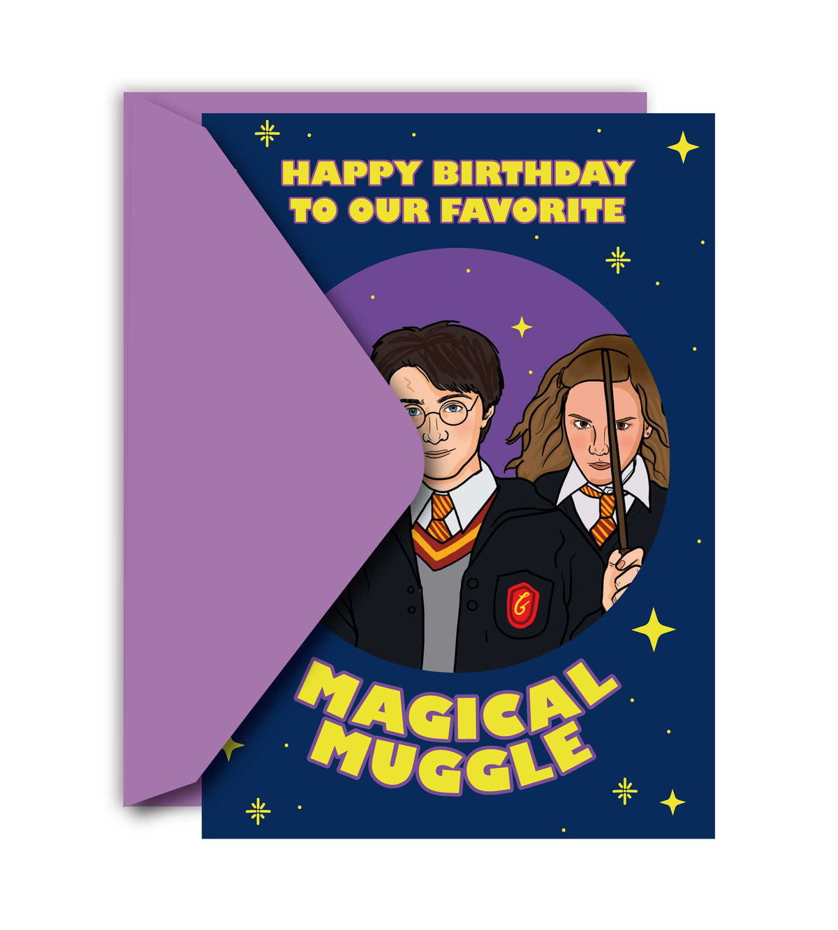 Birthday card with folded corner, wizard trio illustration and “Magical Muggle” text