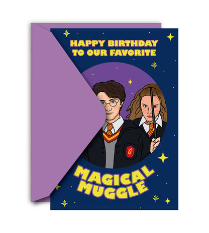 Birthday card with folded corner, wizard trio illustration and “Magical Muggle” text
