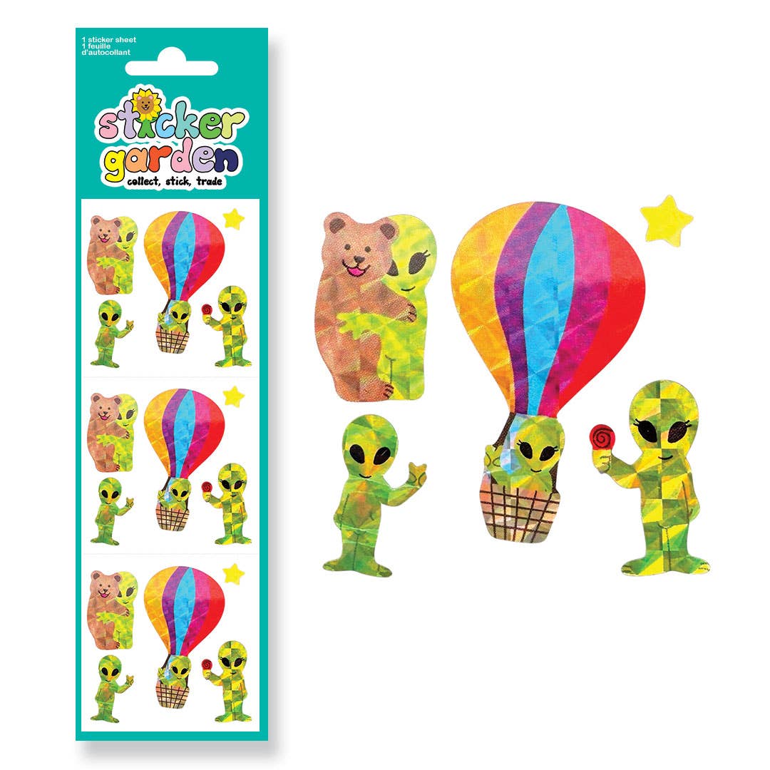 Alien sticker sheet with hot-air balloon, two aliens, and star; bright prism colors