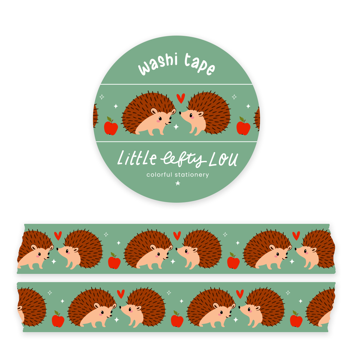 Hedgehog washi tape roll with two hedgehogs and strawberries on green strip