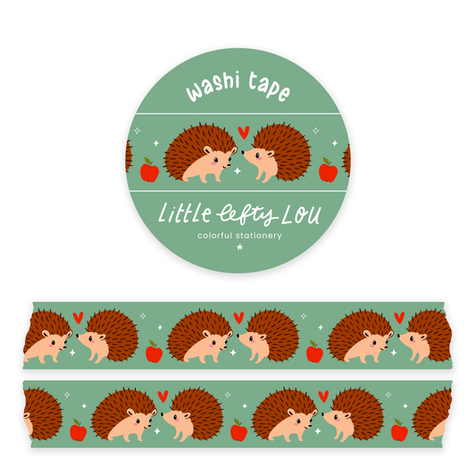 Hedgehog washi tape roll with two hedgehogs and strawberries on green strip