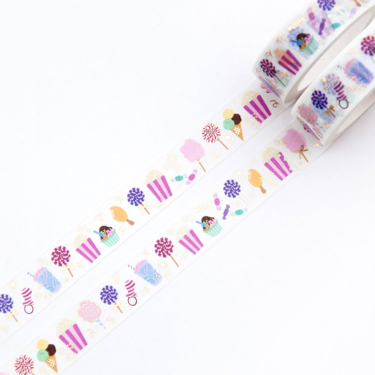 Washi tape strip with repeating ice cream and candy icons in pastel purple, pink, and teal