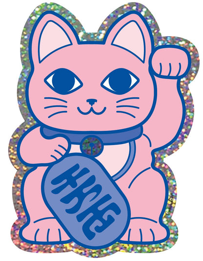 Glitter vinyl lucky cat sticker, close view of pink cat holding blue fortune coin