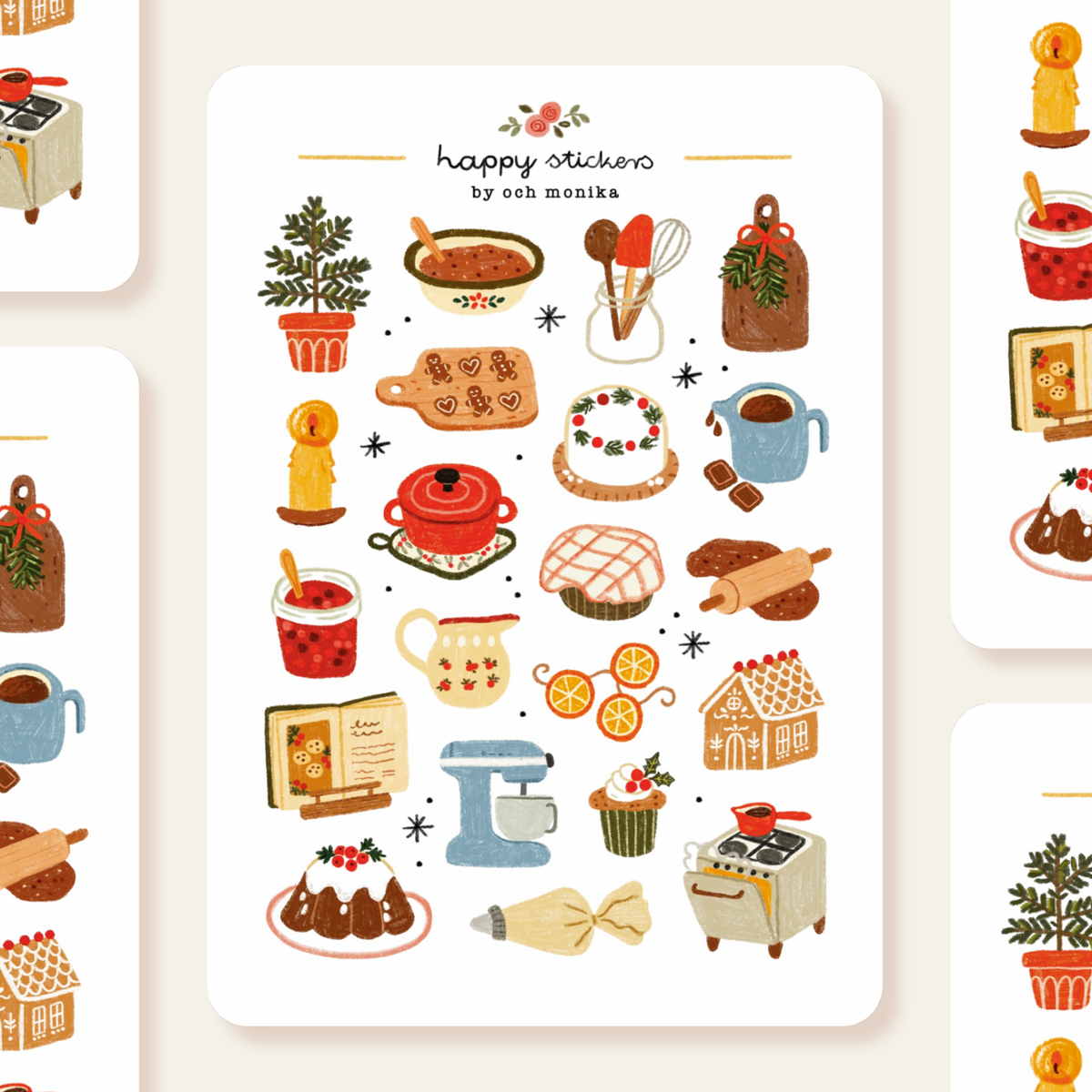 Winter baking sticker sheet with colorful illustrated food icons: teapot, cookies, gingerbread