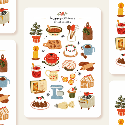 Winter baking sticker sheet with colorful illustrated food icons: teapot, cookies, gingerbread
