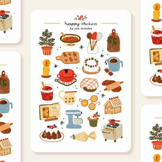 Winter baking sticker sheet with colorful illustrated food icons: teapot, cookies, gingerbread