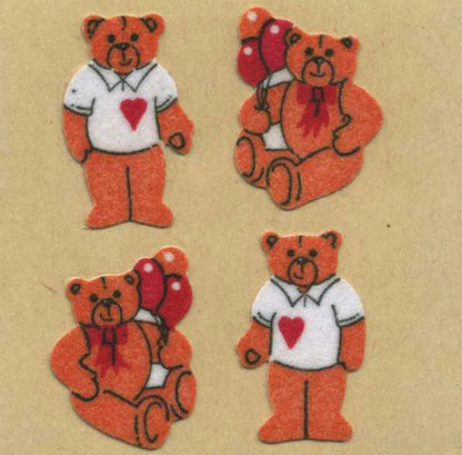 Fuzzy bear and balloon stickers, red and orange bears in white shirts with heart