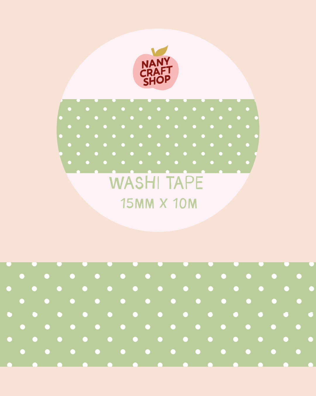 Green polka-dot washi tape roll with white dot pattern and 15mm x 10m label