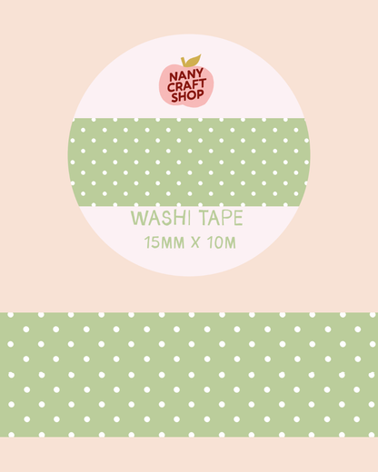 Green polka-dot washi tape roll with white dot pattern and 15mm x 10m label