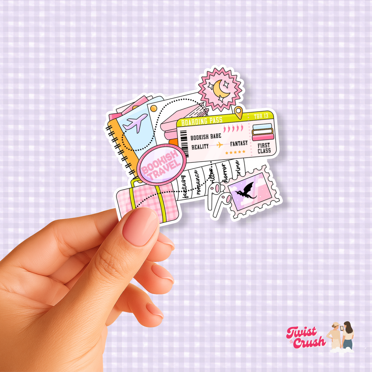 Bookish travel sticker set with notebook, passport, and book-themed icons