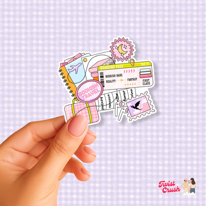 Bookish travel sticker set with notebook, passport, and book-themed icons