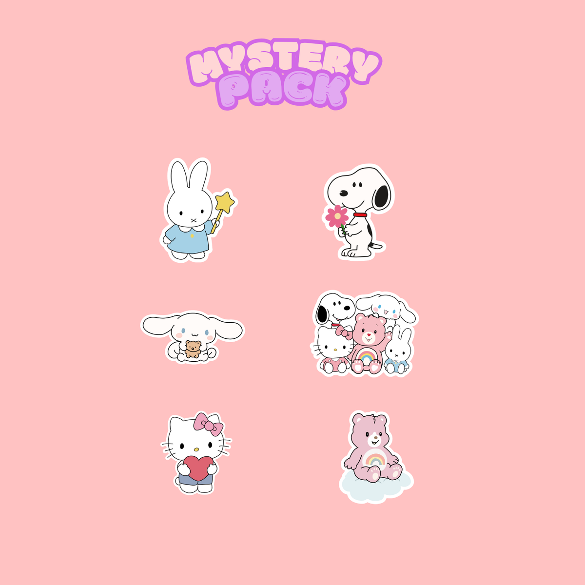 Mystery pack character sticker set featuring rabbit, dog, bunny, pig, and bear designs