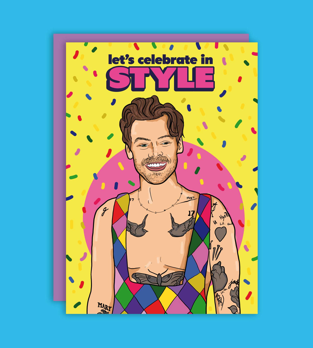 Birthday card front with illustrated smiling man, confetti, and 'Let’s celebrate in STYLE'.
