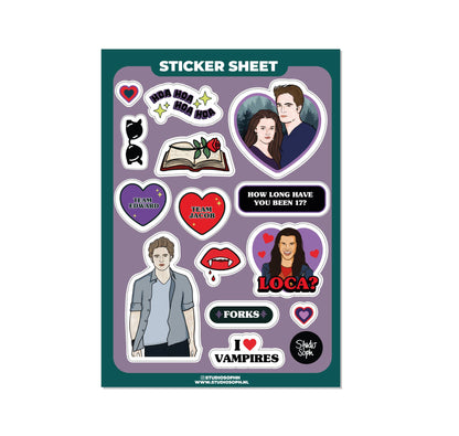 A5 sticker sheet featuring vampire dialogue badges, hearts, and character figures
