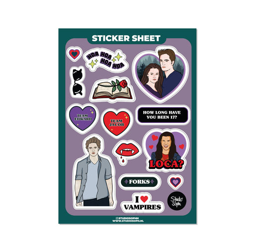 A5 sticker sheet featuring vampire dialogue badges, hearts, and character figures