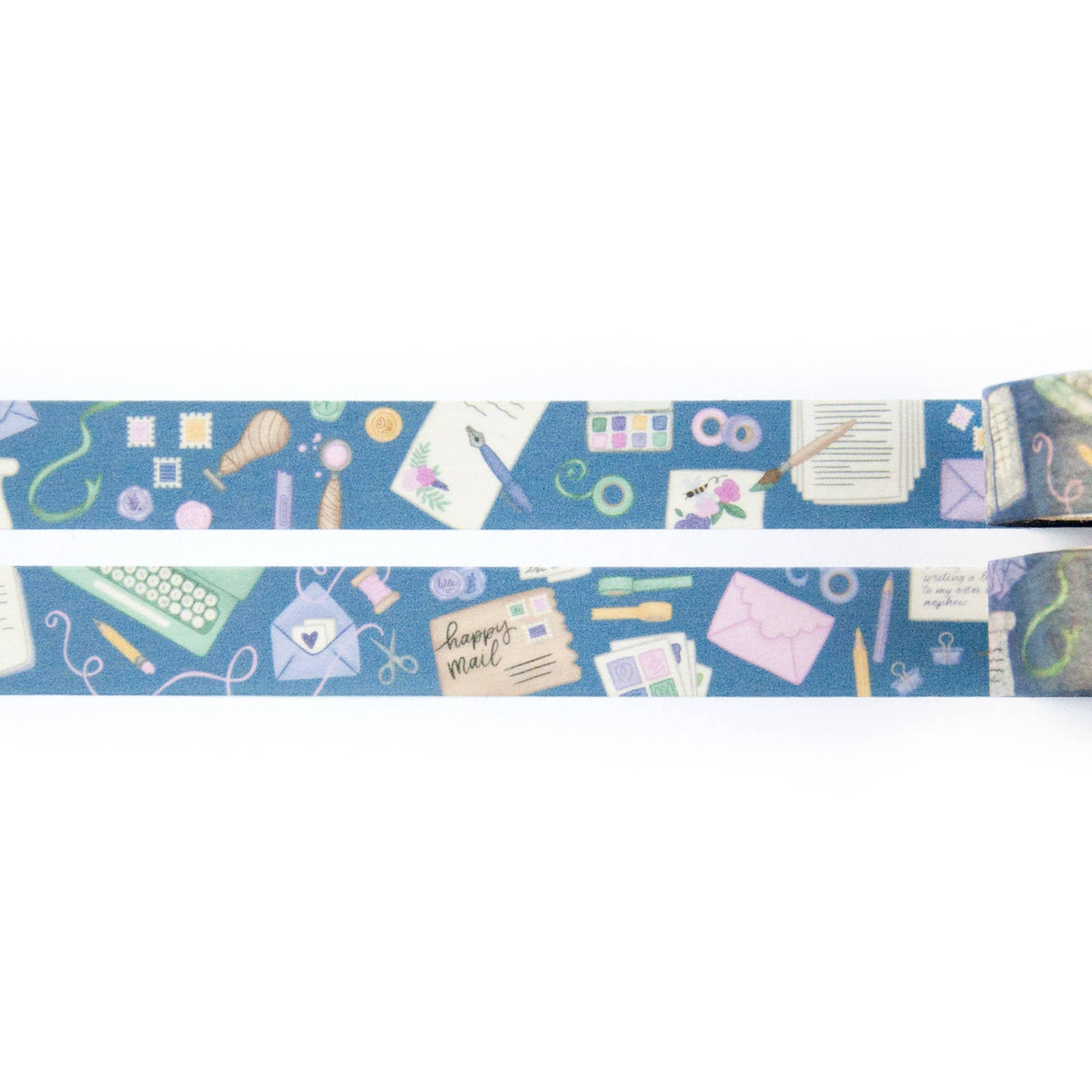 Blue washi tape strip with repeated stationery icons and small labels pattern.