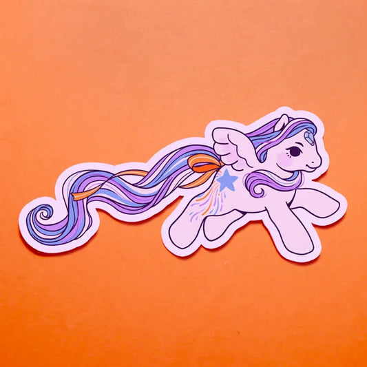 Blossom pony vinyl sticker with purple and lavender flowing mane and winged pose