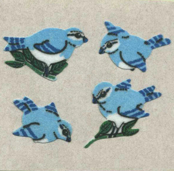 Fuzzy blue bird sticker roll, four blue bird designs with green leaves