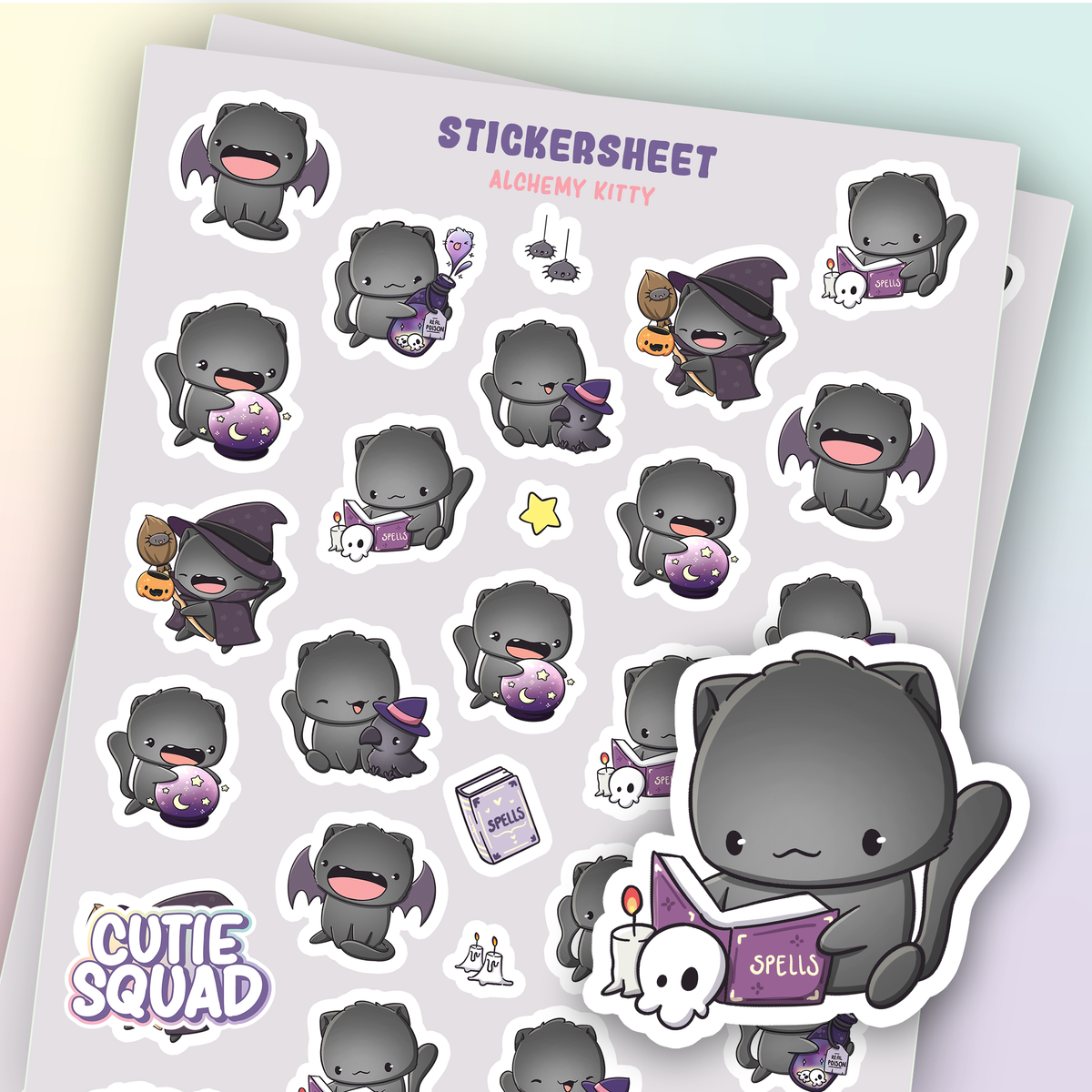 Witch kitty sticker sheet with cute gray cat characters, witch hats, potions, and spell books