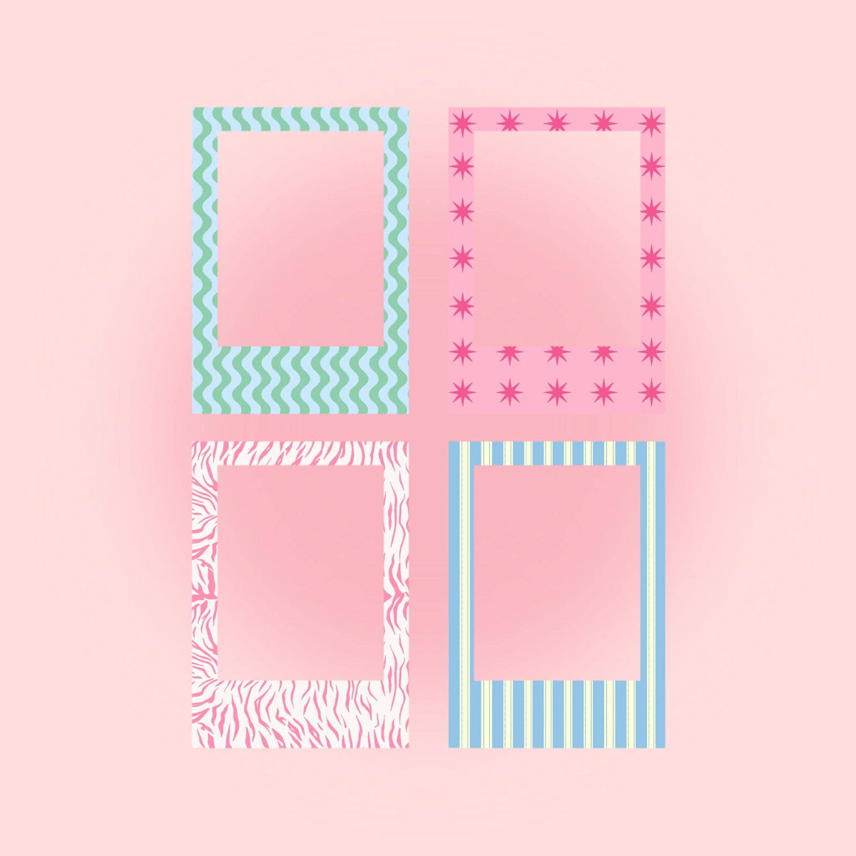 Polaroid frame sheets with four patterned square frames: teal waves, pink stars, zebra, blue stripes