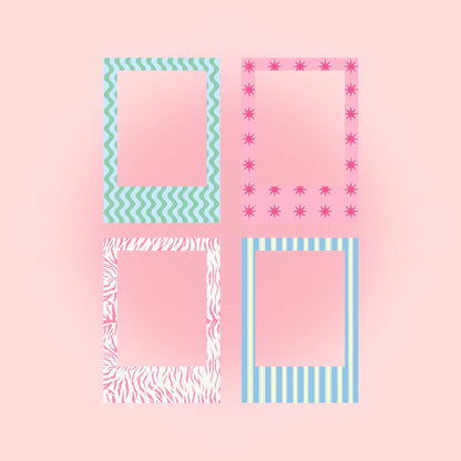 Polaroid frame sheets with four patterned square frames: teal waves, pink stars, zebra, blue stripes
