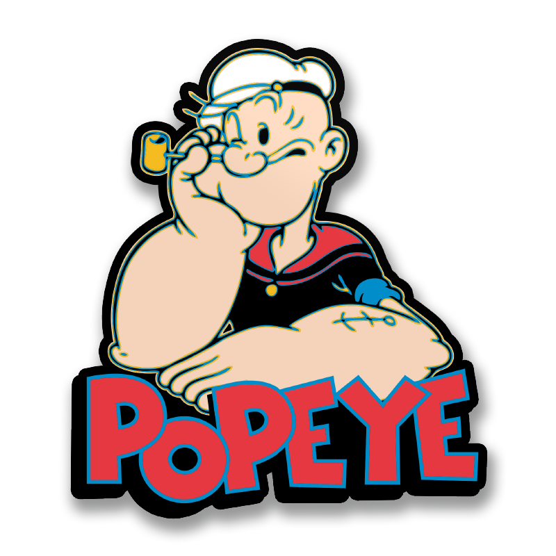 Vinyl sticker of cartoon sailor flexing, with POPEYE text in red and blue.
