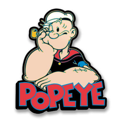 Vinyl sticker of cartoon sailor flexing, with POPEYE text in red and blue.