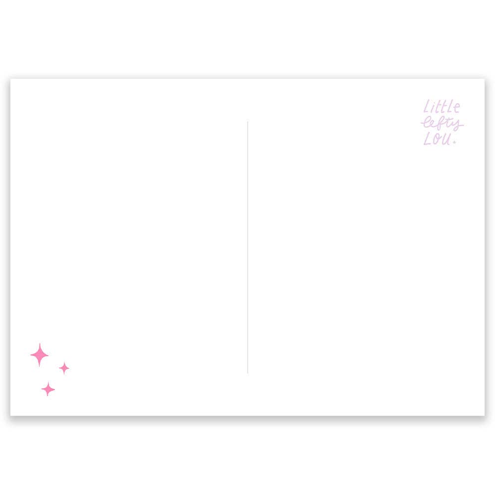 Blank white postcard back with small pink sparkle icons and 'Little Busy Lou'