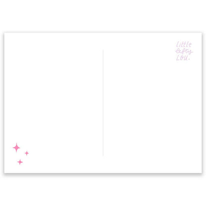 Blank white postcard back with small pink sparkle icons and 'Little Busy Lou'