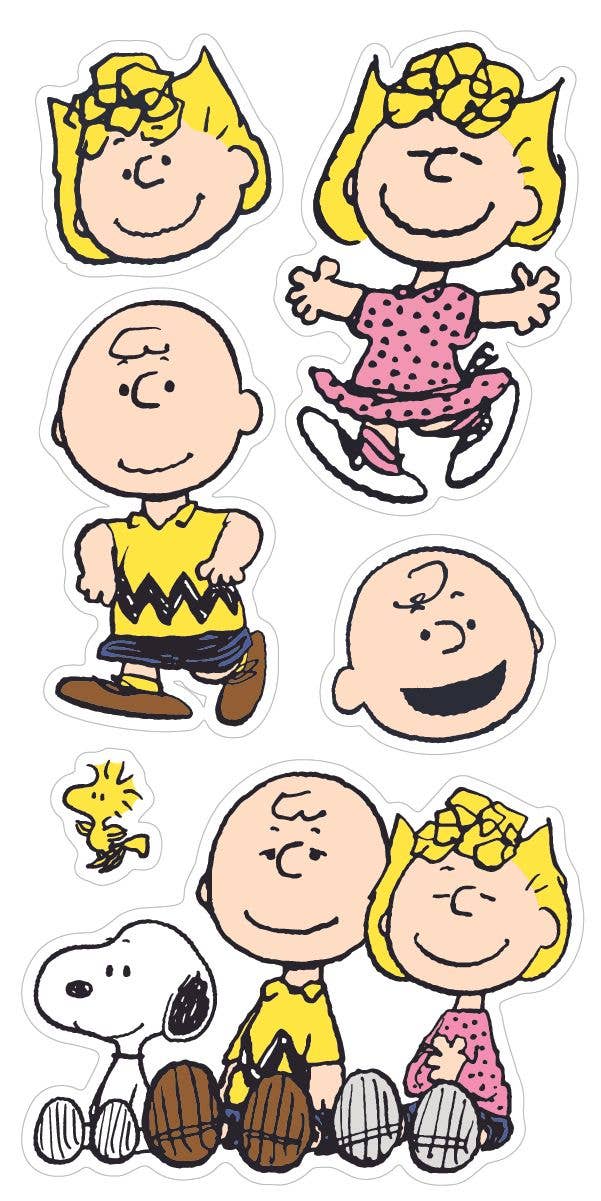 Peanuts character sticker set with die-cut Charlie Brown and Sally figures in various poses