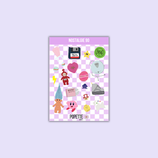 A6 nostalgia-themed sticker sheet with assorted colorful character and logo stickers