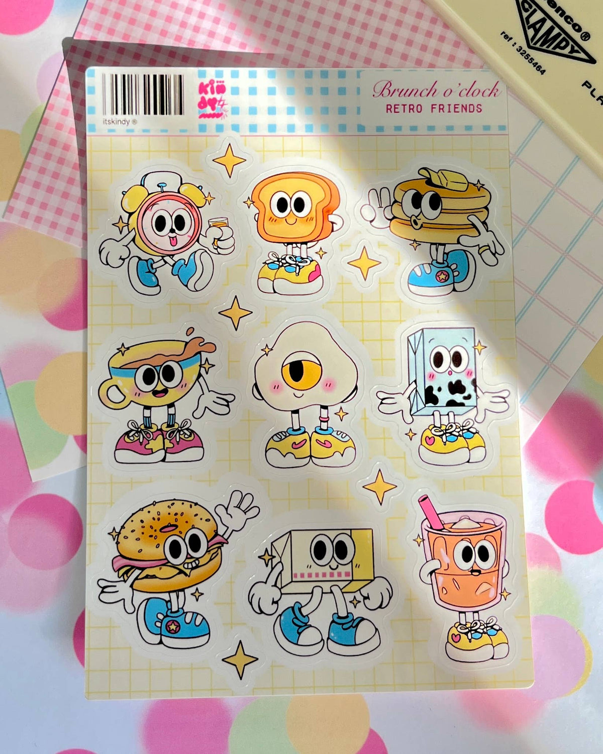 Retro Friends sticker sheet with bright cartoon friends and star accents