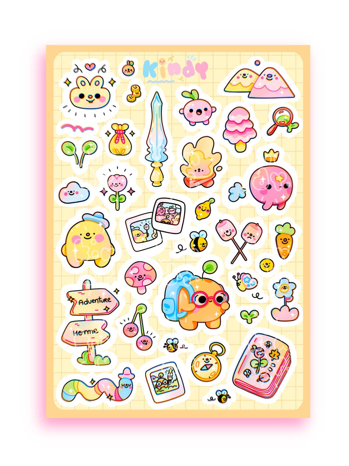 Adventure awaits sticker sheet with colorful cartoon animals, food, and icons