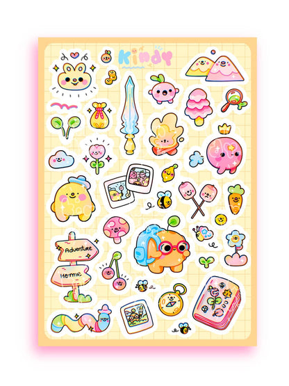 Adventure awaits sticker sheet with colorful cartoon animals, food, and icons