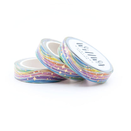 Washi tape rolls with rainbow sparkles star confetti pattern, pastel multicolor