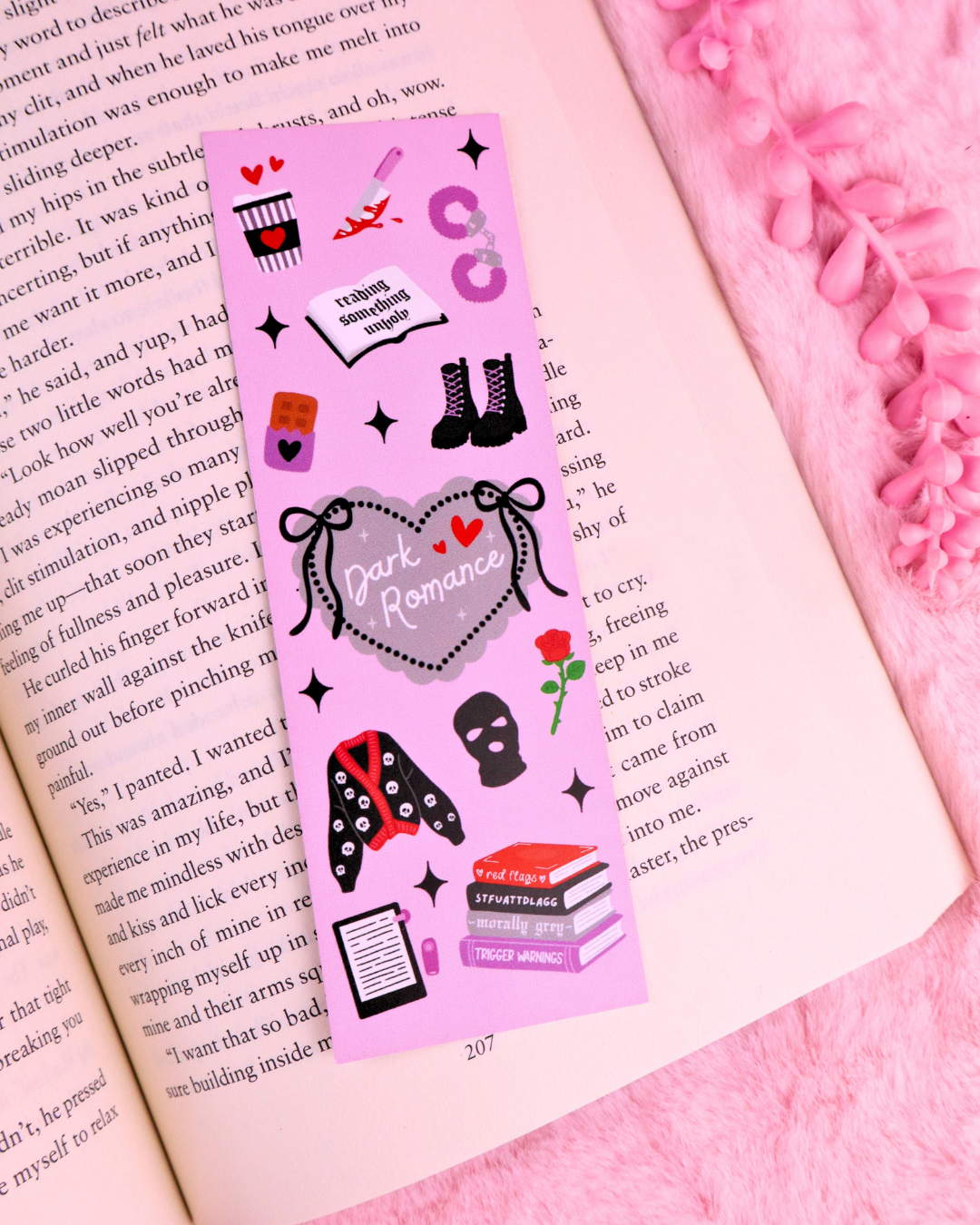 Dark romance girly bookmark with boots, cat, hearts, and colorful icon prints