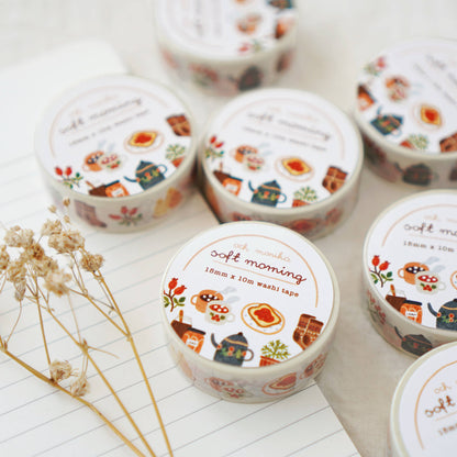 Decorative washi tape rolls with colorful kitchen breakfast theme on white tape