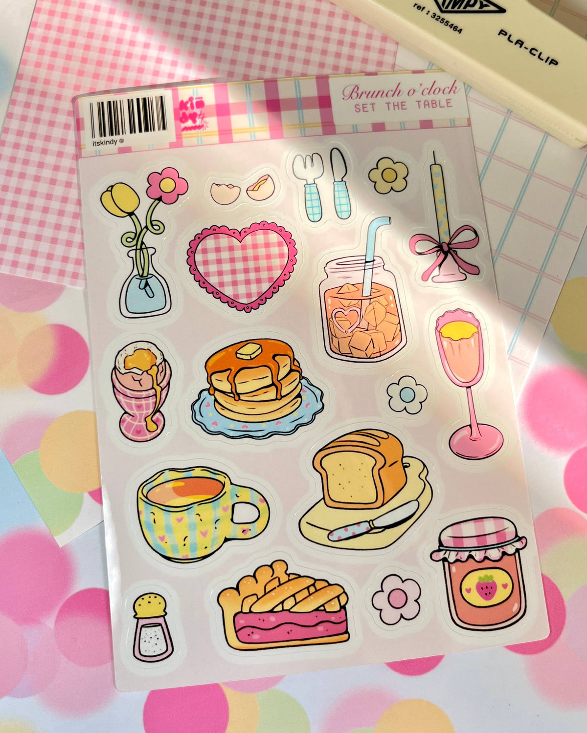 Brunch o'clock sticker sheet featuring food and drink icons: toast, cake, goblets, utensils.