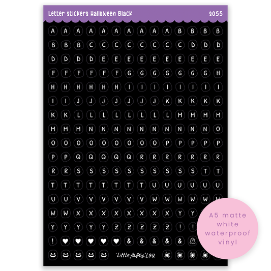 Black Halloween letter sticker sheet with A–Z, numbers, symbols; matte white waterproof vinyl label