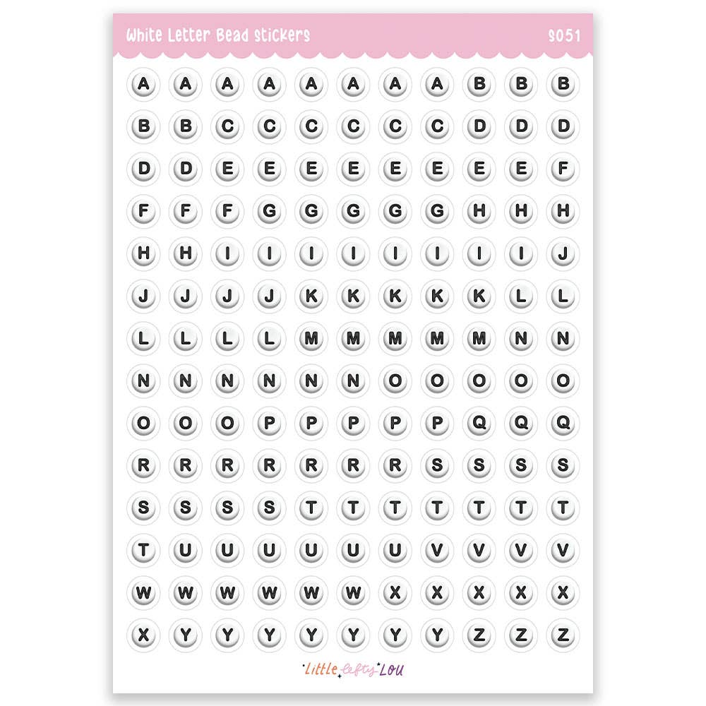 A5 white letter bead sticker sheet with rounded uppercase and lowercase letters