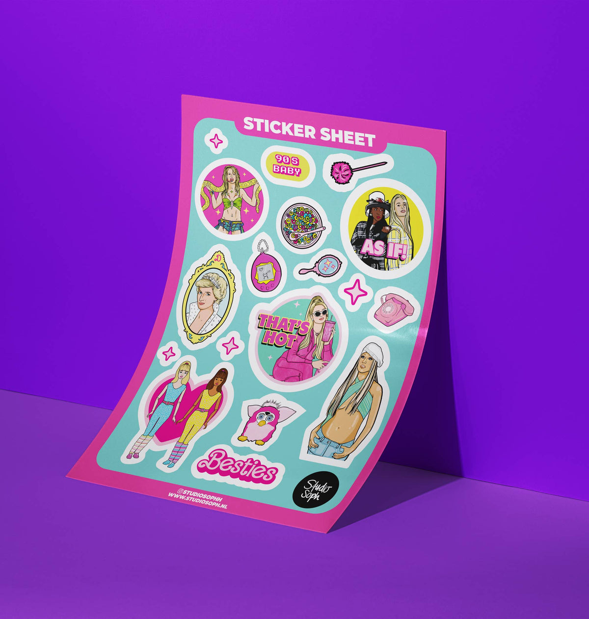 A5 sticker sheet in a standing pack with 90s girl character stickers