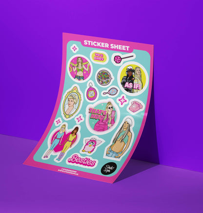 A5 sticker sheet in a standing pack with 90s girl character stickers