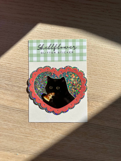 Green gingham vinyl glitter sticker card with black cat in scalloped heart
