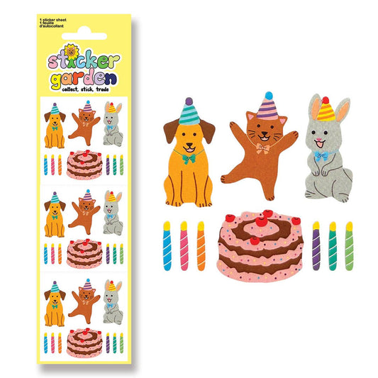 Birthday pet sticker sheet with cat, dog, rabbit, cake, and candles