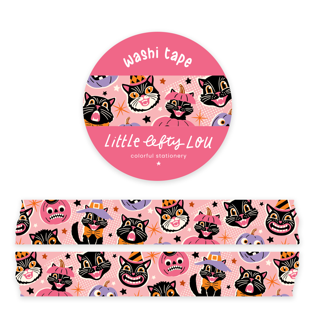 Pink Halloween washi tape with cartoon black cats, pumpkins, bats, and patterned strip