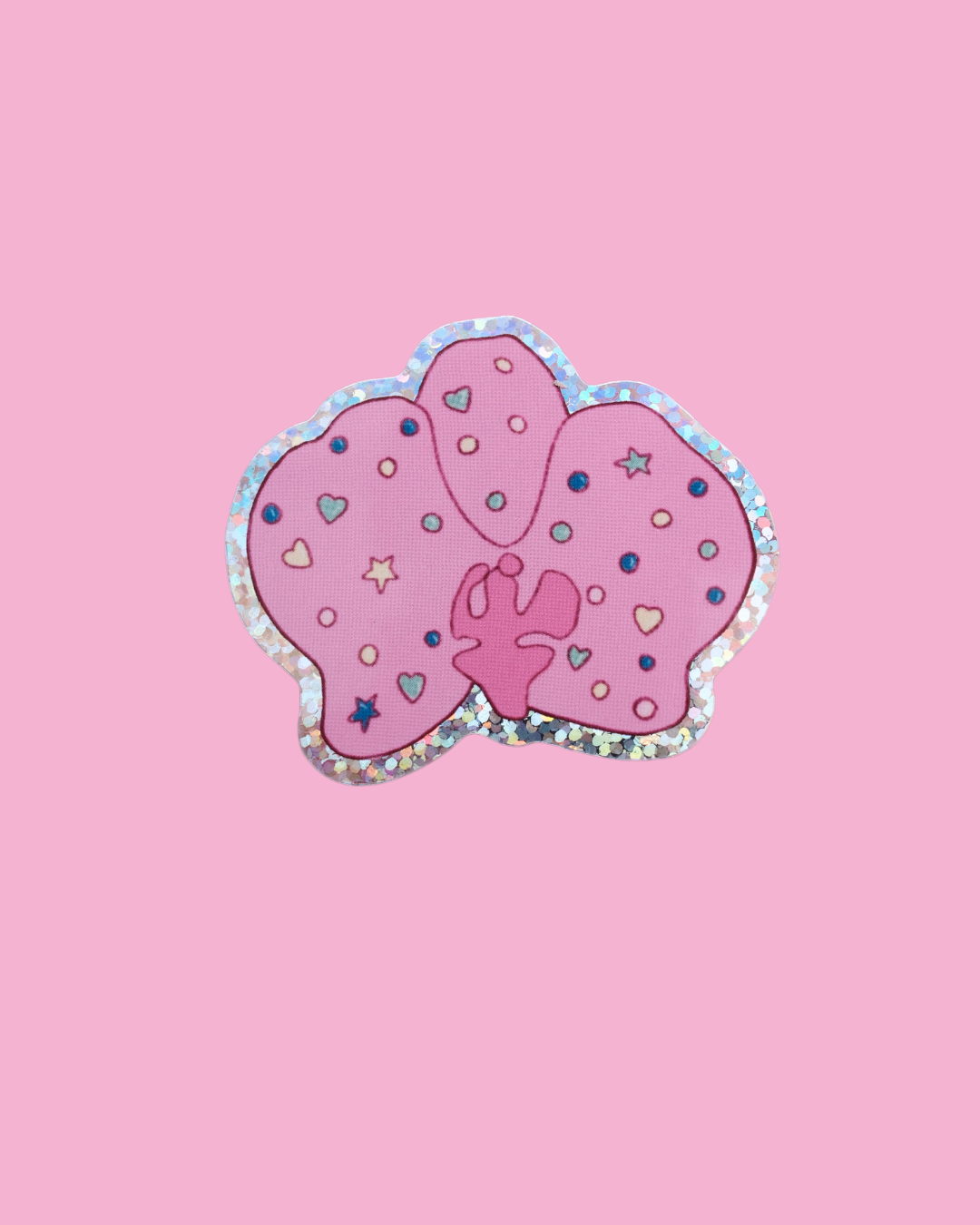 Orchid-shaped sticker with purple heart and star pattern