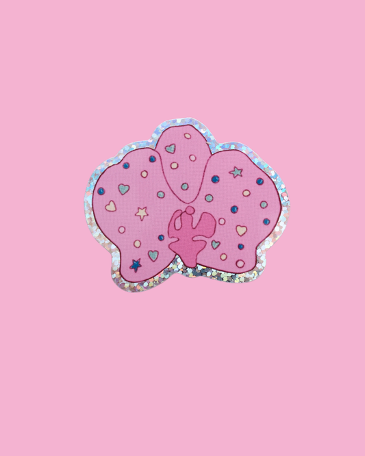 Orchid-shaped sticker with purple heart and star pattern
