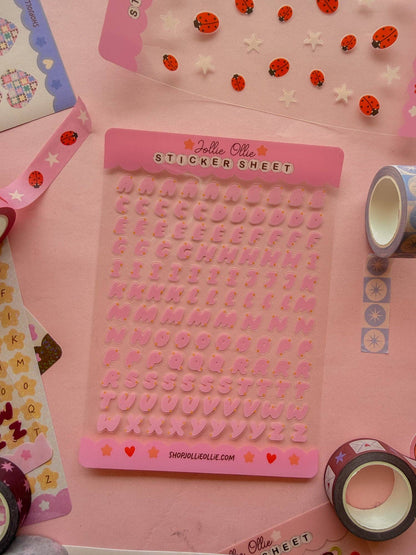 Pink bubble letter sticker sheet with raised uppercase and lowercase alphabet letters