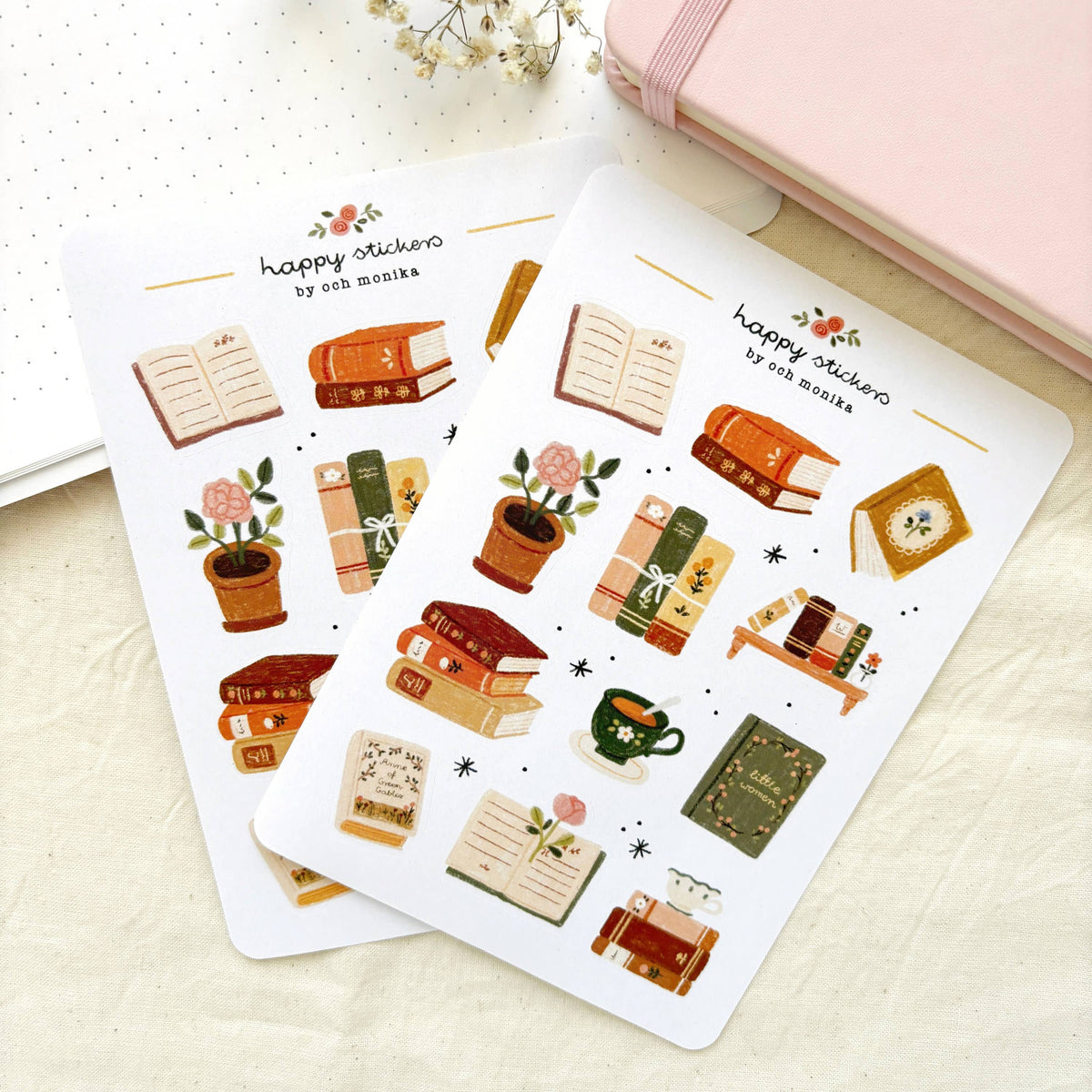 Bookish sticker sheet pair with book, cup, and plant stickers on white backing